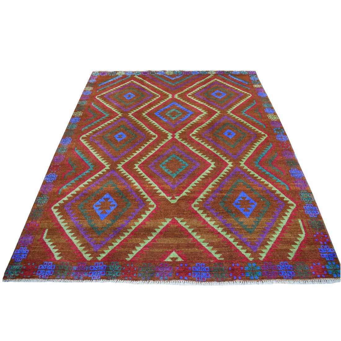 Rug 6'1"x7'8" Geometric Design Hand Made Wool Colorful Afghan Village: Rug 6'1"x7'8" Geometric Design Hand Made Wool Colorful Afghan Village Experience the rich cultural heritage of Afghanistan with this stunning, hand-knotted wool rug featuring a vibrant geometric