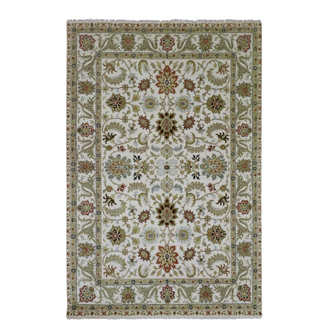 Rug 6'1"x9'3" Ivory Ziegler Design Floral Motifs Pure Wool Hand Knotted: Rug 6'1"x9'3" Ivory Ziegler Design Floral Motifs Pure Wool Hand Knotted Experience the timeless beauty of India's rich cultural heritage with this stunning 6'1"x9'3" Ivory Ziegler Design Floral