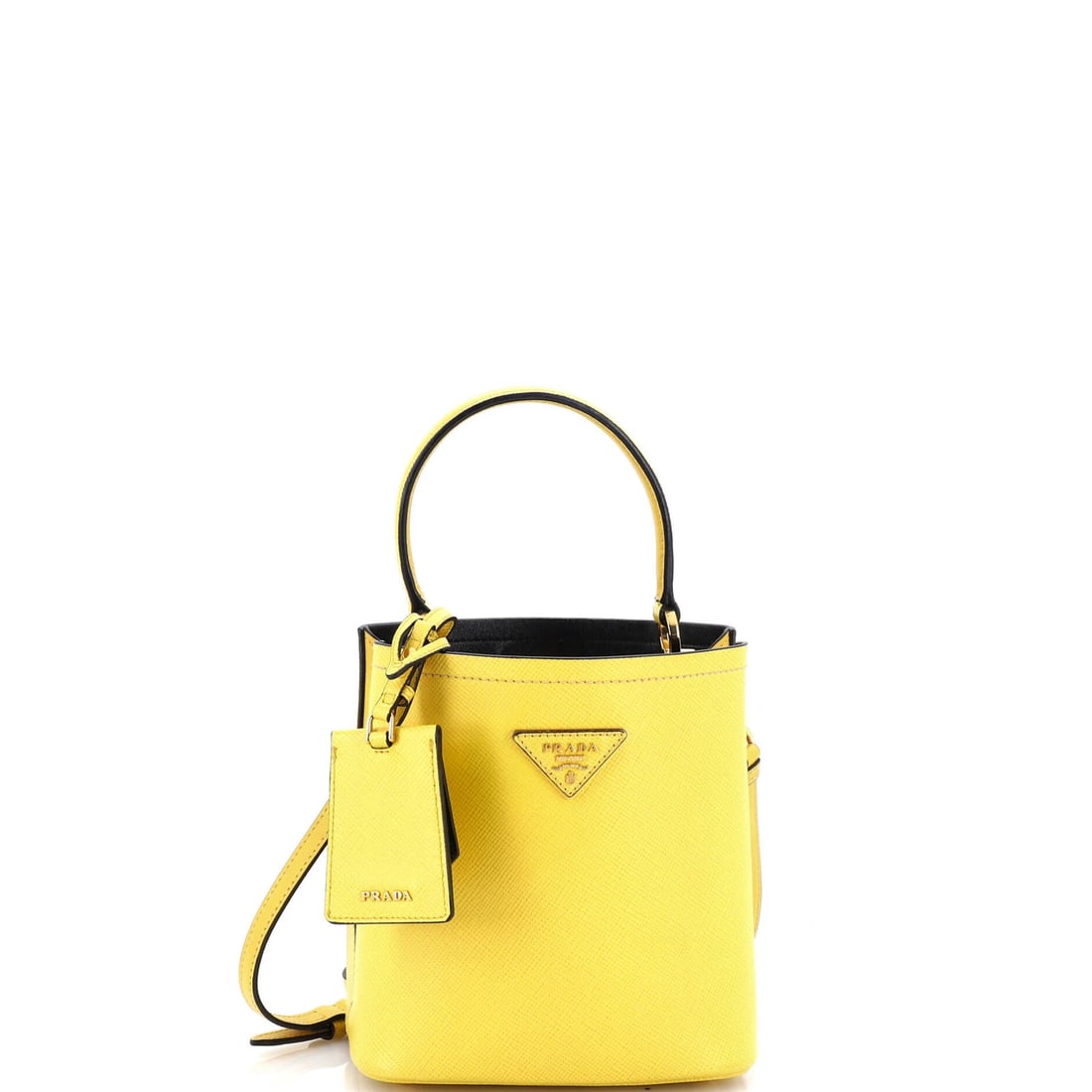 Saffiano Leather Small Prada Panier Bucket Bag: Saffiano Leather Small Prada Panier Bucket Bag A vibrant yellow Saffiano leather Prada Panier Bucket Bag adds a pop of color to any outfit, with its sleek bucket shape and sturdy gold hardware. In