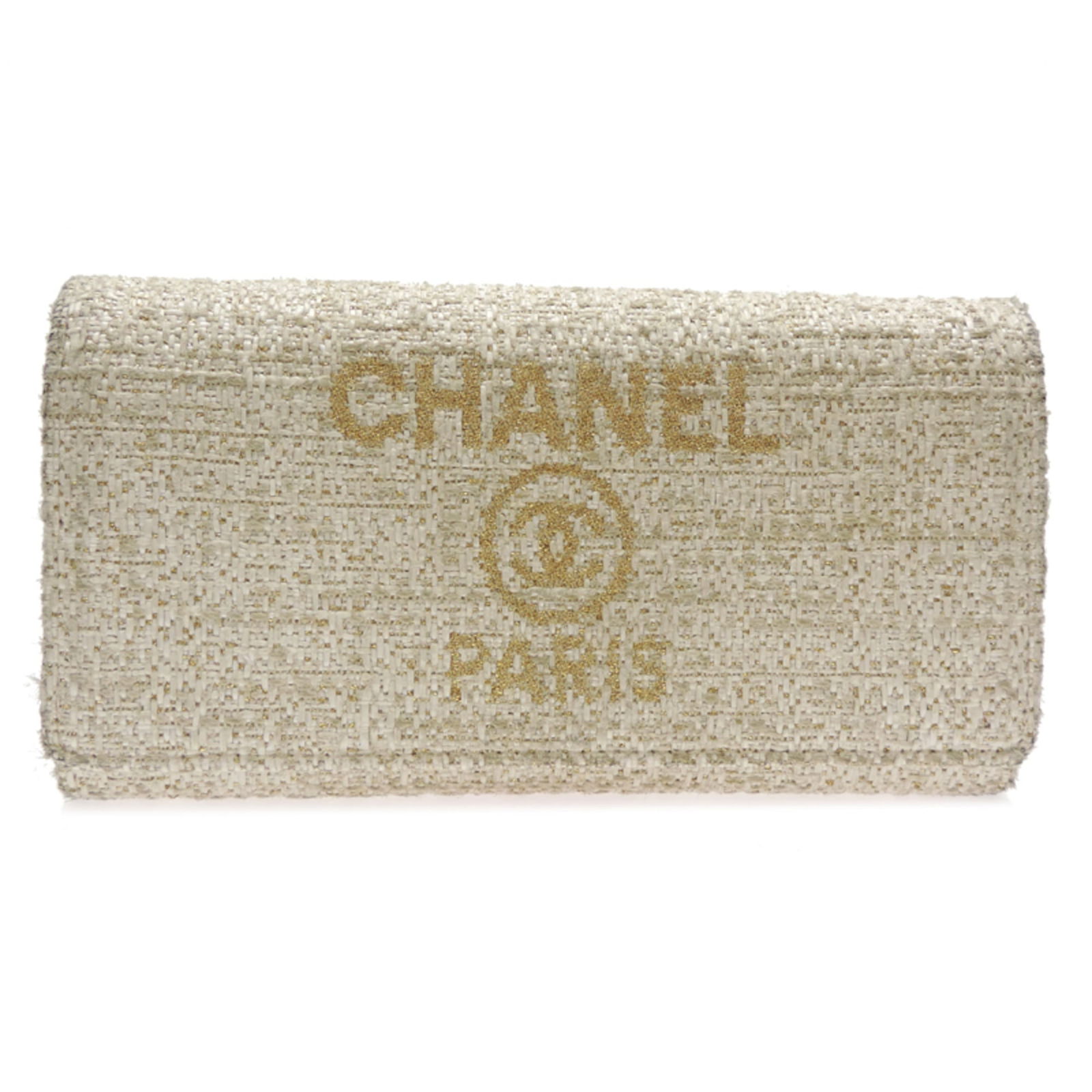 Chanel Bi-Fold Tweed Wallet: Chanel Bi-Fold Tweed Wallet A pre-owned Chanel bi-fold tweed wallet in exquisite beige, perfect for adding a touch of timeless sophistication to your everyday essentials. With its classic long design