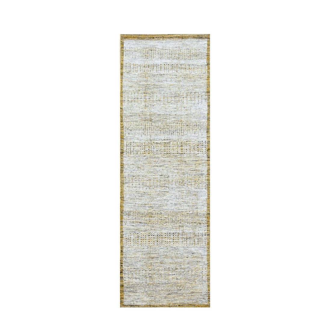 Runner 2'7"x6' Golden Yellow Wool Rug Distressed Grass Design Hand Knotted: Runner 2'7"x6' Golden Yellow Wool Rug Distressed Grass Design Hand Knotted Experience the warmth and elegance of India's rich cultural heritage with this stunning golden yellow wool runner rug,