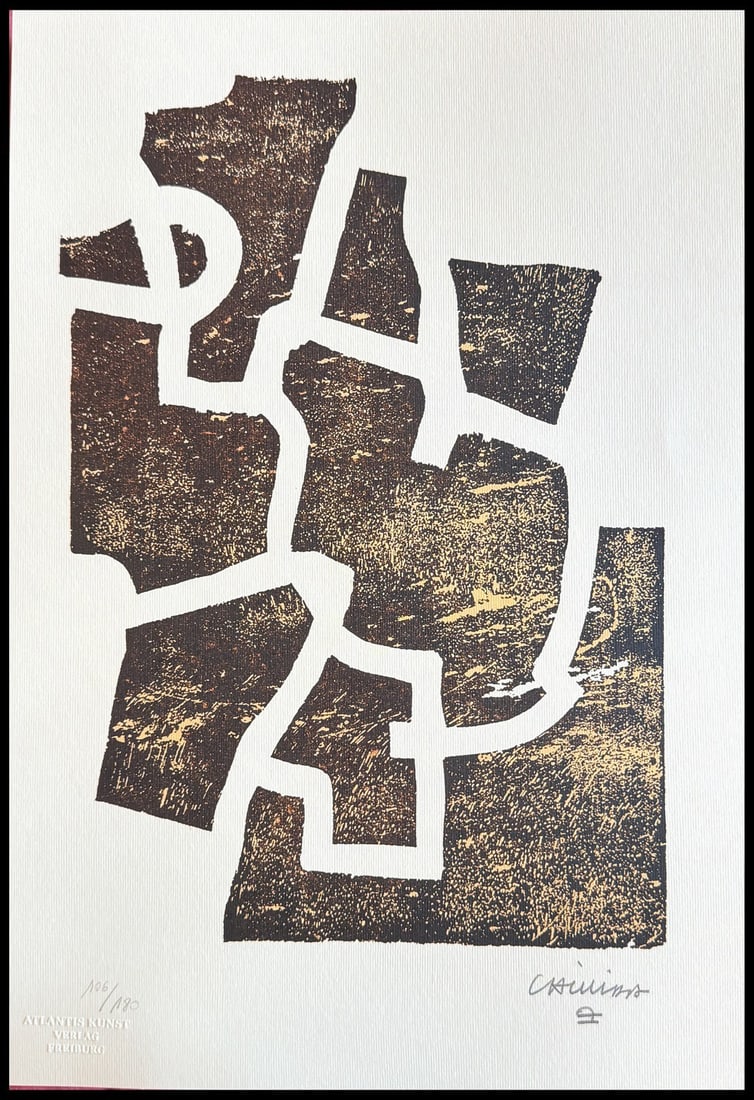 Numbered - Eduardo Chillida Lithograph: Numbered - Eduardo Chillida Lithograph A rare opportunity to own a piece of Spanish modernism, this 1991 lithograph by Eduardo Chillida, 'Sakondu', is a stunning example of the artist's unique style.