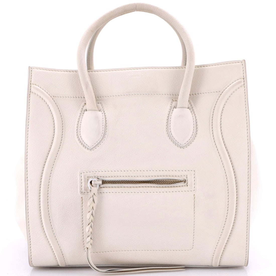 Celine Phantom Bag in Medium Grainy Leather: Celine Phantom Bag in Medium Grainy Leather A stunning Celine Phantom Bag in medium grainy leather, boasting a crisp white exterior and subtle gray interior. With its timeless design and premium