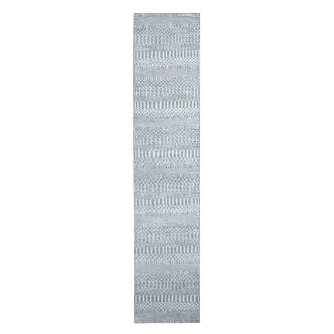 Rug 2'6"x12' Blue Grass Design Hand Knotted Wool and Silk Modern Runner: Rug 2'6"x12' Blue Grass Design Hand Knotted Wool and Silk Modern Runner Experience the vibrant beauty of Indian craftsmanship with this stunning blue grass design hand knotted wool and silk modern
