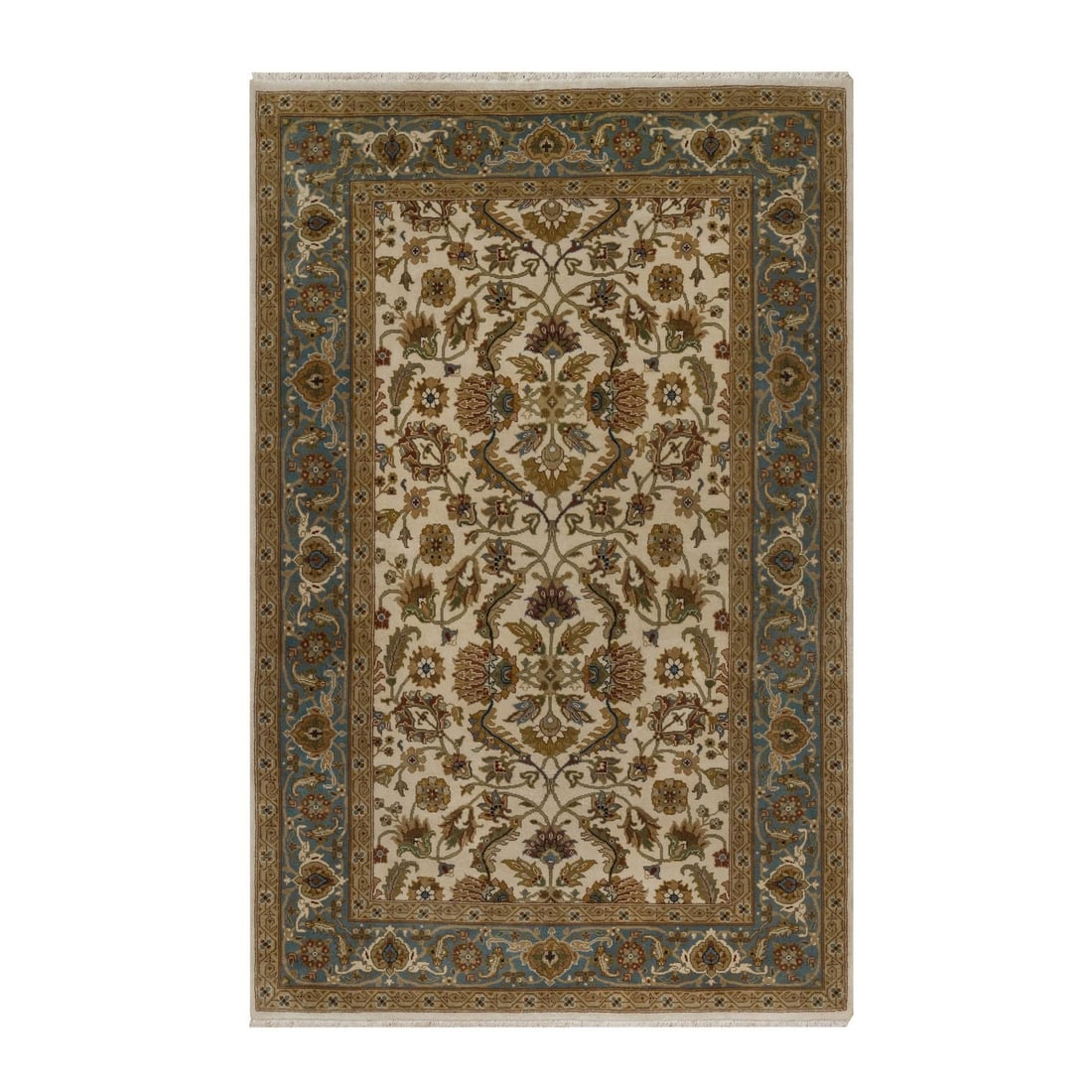 Rug 4'x6'3" Ivory Hand Knotted 300 KPSI New Zealand Wool Kishoon Design: Rug 4'x6'3" Ivory Hand Knotted 300 KPSI New Zealand Wool Kishoon Design Experience the timeless beauty of traditional Indian craftsmanship in this stunning 4'x6'3" hand-knotted wool rug, expertly