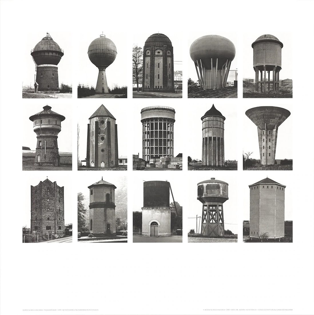 BERND AND HILLA BECHER Water Towers (no text) 27.5" x Poster 2005 Photogra: BERND AND HILLA BECHER Water Towers (no text) 27.5" x Poster 2005 Photogra A striking black and white offset lithograph by renowned artist duo Bernd and Hilla Becher, this 2005 photograph captures