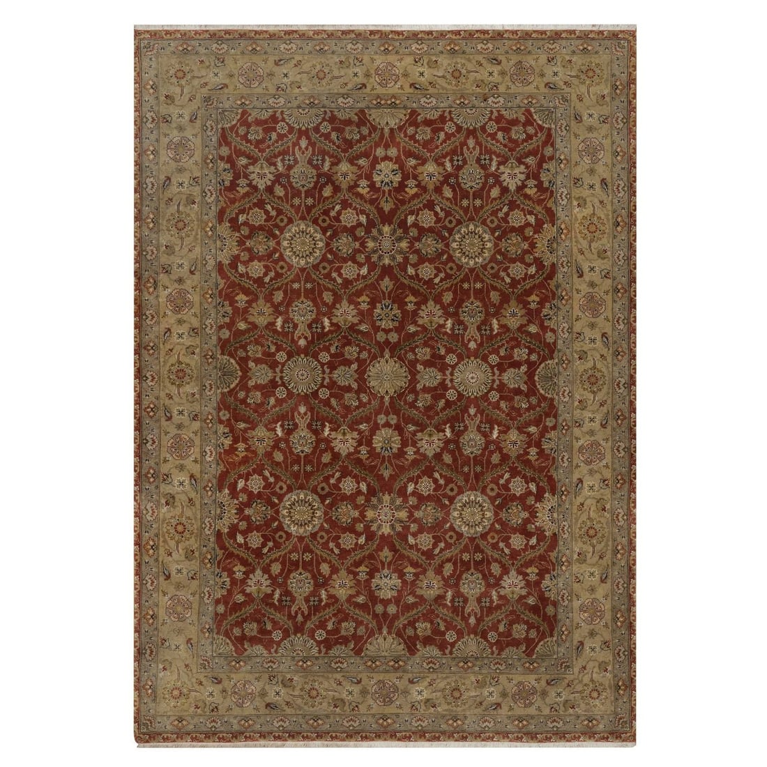 Knotted 5'6"x7'9" Red Hereke with All Over Design 300 KPSI Wool & Silk Hand: Knotted 5'6"x7'9" Red Hereke with All Over Design 300 KPSI Wool & Silk Hand Experience the rich beauty of India's renowned Hereke style, expertly woven with 300 KPSI wool and silk to create a