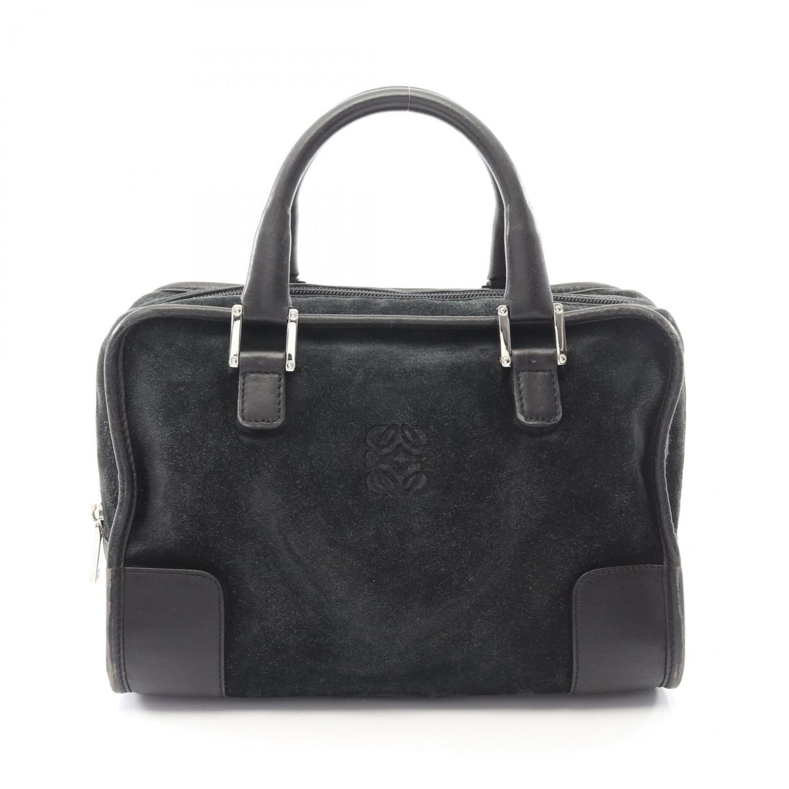 Loewe Suede Leather Handbag: Loewe Suede Leather Handbag A sleek and sophisticated black Loewe suede leather handbag, its classic design exudes timeless elegance. With its 18cm x 28cm dimensions and sturdy construction, this spac