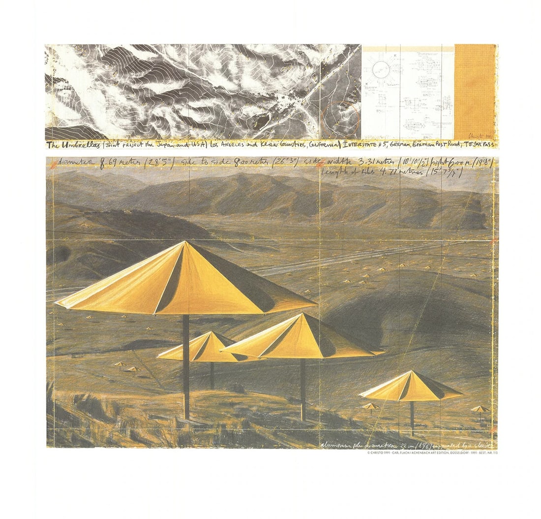 Contemporary JAVACHEFF CHRISTO The Yellow Umbrellas 19.25" x 20.25" Poster 1991: Contemporary JAVACHEFF CHRISTO The Yellow Umbrellas 19.25" x 20.25" Poster 1991 A rare opportunity to own a piece of art history, this 1991 offset lithograph poster by Christo Javacheff is a stunning