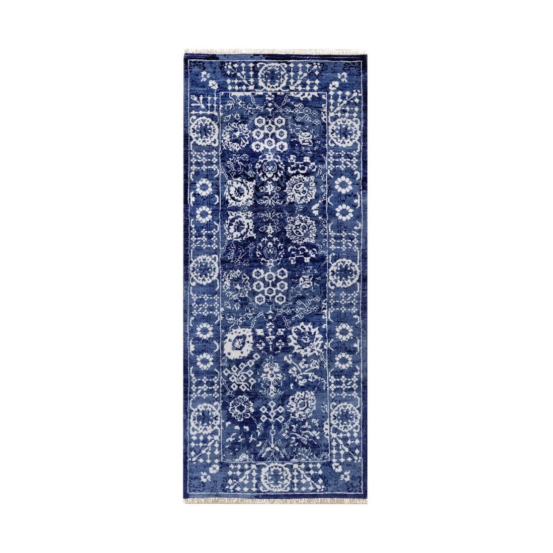Knotted 2'6"x6' Ensign Blue Wool and Silk Rug Tebraz with Leaf Design Hand: Knotted 2'6"x6' Ensign Blue Wool and Silk Rug Tebraz with Leaf Design Hand Experience the rich heritage of Indian craftsmanship with this stunning Tebraz-style rug, hand-knotted in luxurious wool and