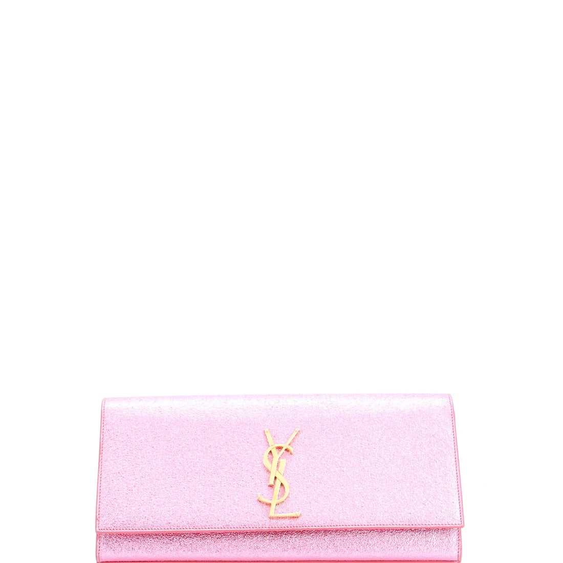 Saint Laurent Classic Monogram Calfskin Clutch in Metallic: Saint Laurent Classic Monogram Calfskin Clutch in Metallic Elevate your evening look with the iconic Saint Laurent Classic Monogram Calfskin Clutch in Metallic Pink. This timeless, long-strapped clutc