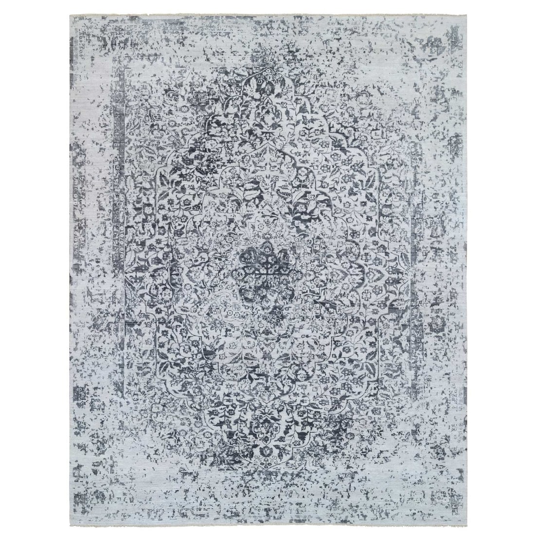 Rug 14'2"x18' Gray Hand Knotted Erased Farsian Design Wool/ Silk Oversized: Rug 14'2"x18' Gray Hand Knotted Erased Farsian Design Wool/ Silk Oversized Experience the timeless beauty of India with this stunning, hand-knotted rug from the Farsian region. Measuring 14'2"x18', it