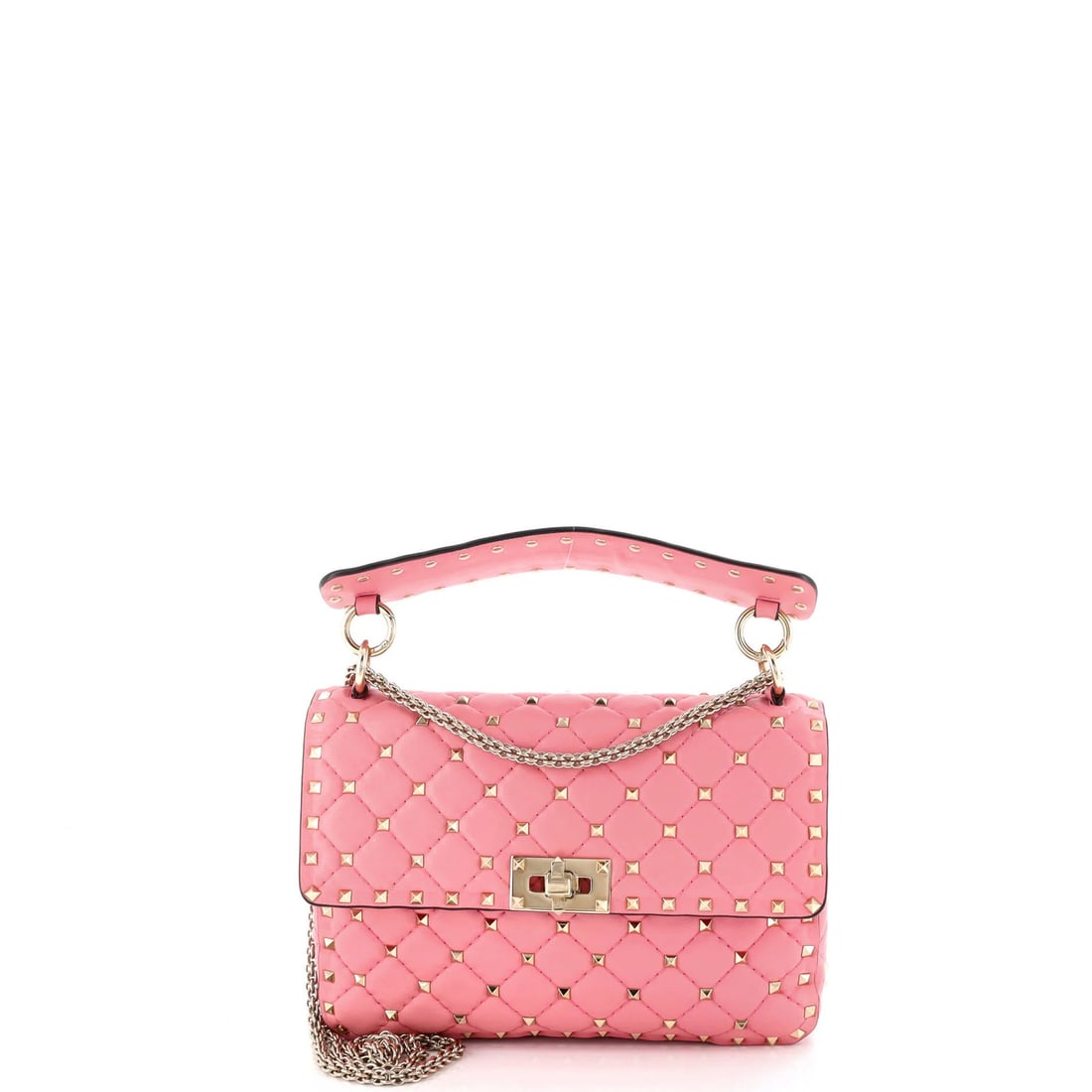 Valentino Garavani Rockstud Spike Flap Quilted Leather Medium Bag: Valentino Garavani Rockstud Spike Flap Quilted Leather Medium Bag Elevate your style with the iconic Valentino Garavani Rockstud Spike Flap Quilted Leather Medium Bag, boasting a chic pink hue and edg