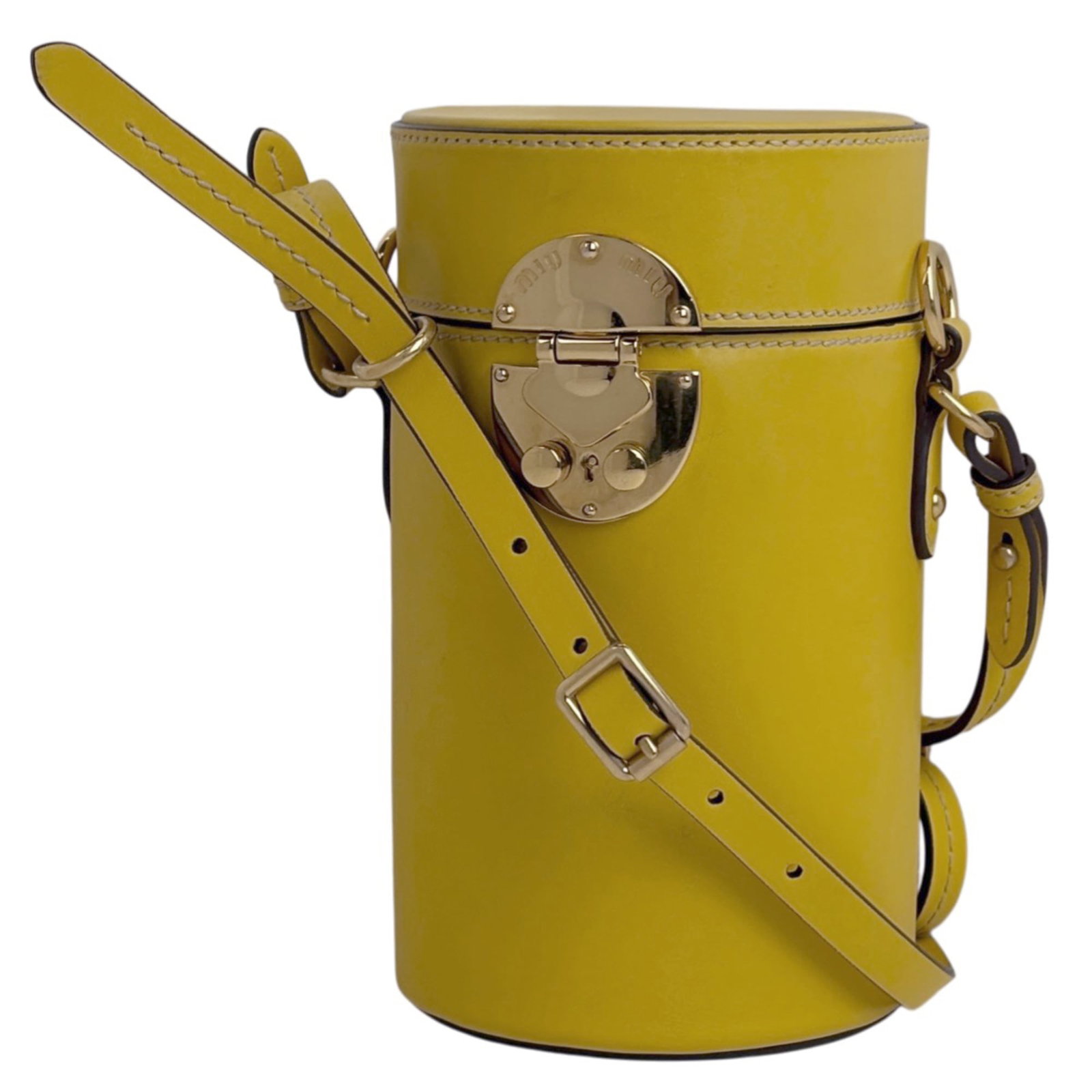 Leather Miu Shoulder Bag: Leather Miu Shoulder Bag A chic and sunny yellow leather shoulder bag from Miu Miu, perfect for adding a pop of color to your daily routine. With its classic design and high-quality leather