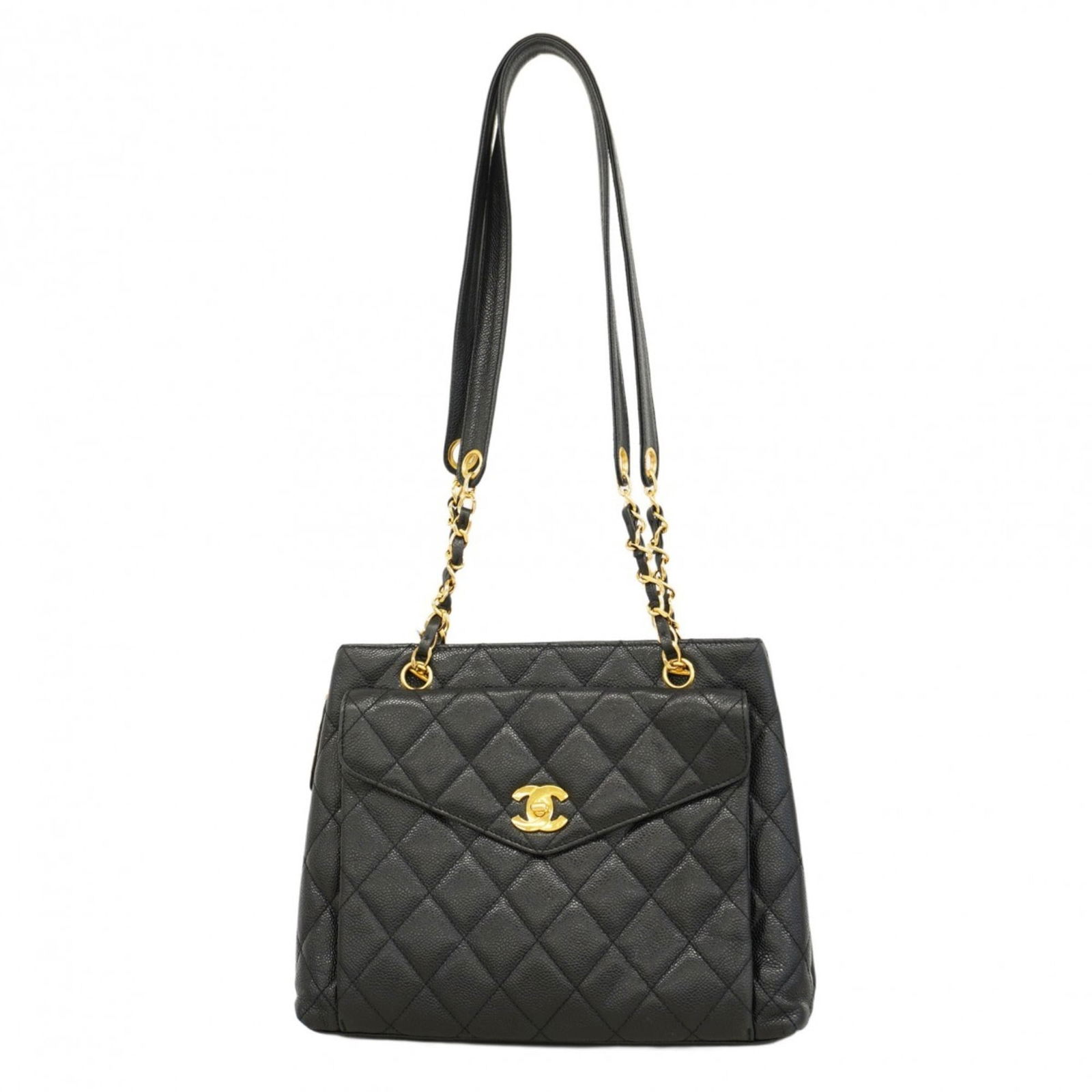 Chanel Calfskin Tote Bag: Chanel Calfskin Tote Bag Experience the timeless elegance of Chanel with this classic black calfskin tote bag, boasting gold hardware and a sophisticated grained leather finish that develops a