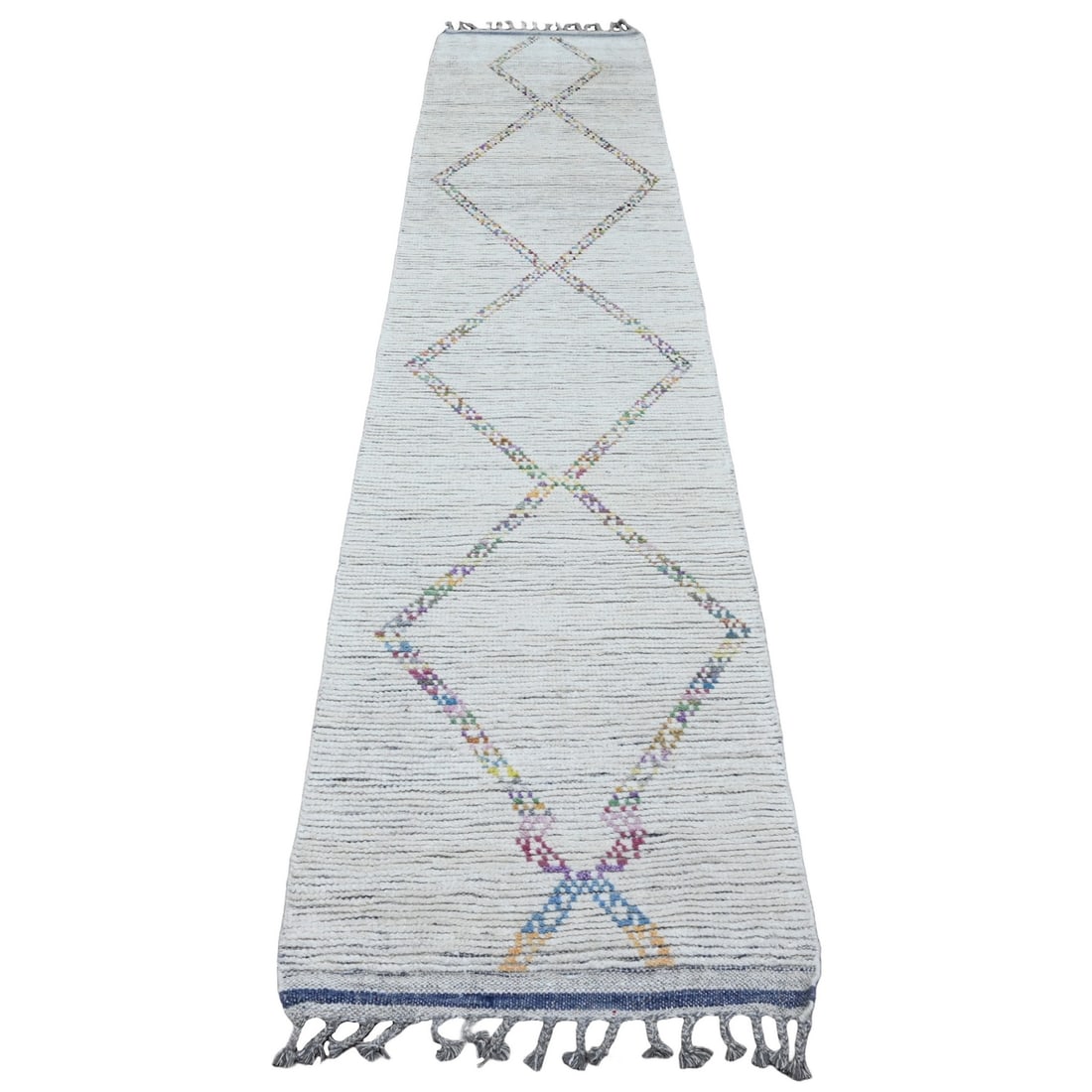 Rug 2'4"x10'7" White Geometric Moroccan Weave Wool Hand Knotted Runner: Rug 2'4"x10'7" White Geometric Moroccan Weave Wool Hand Knotted Runner Experience the rich beauty of traditional Moroccan craftsmanship in this stunning hand-knotted wool runner, measuring 10'7" long
