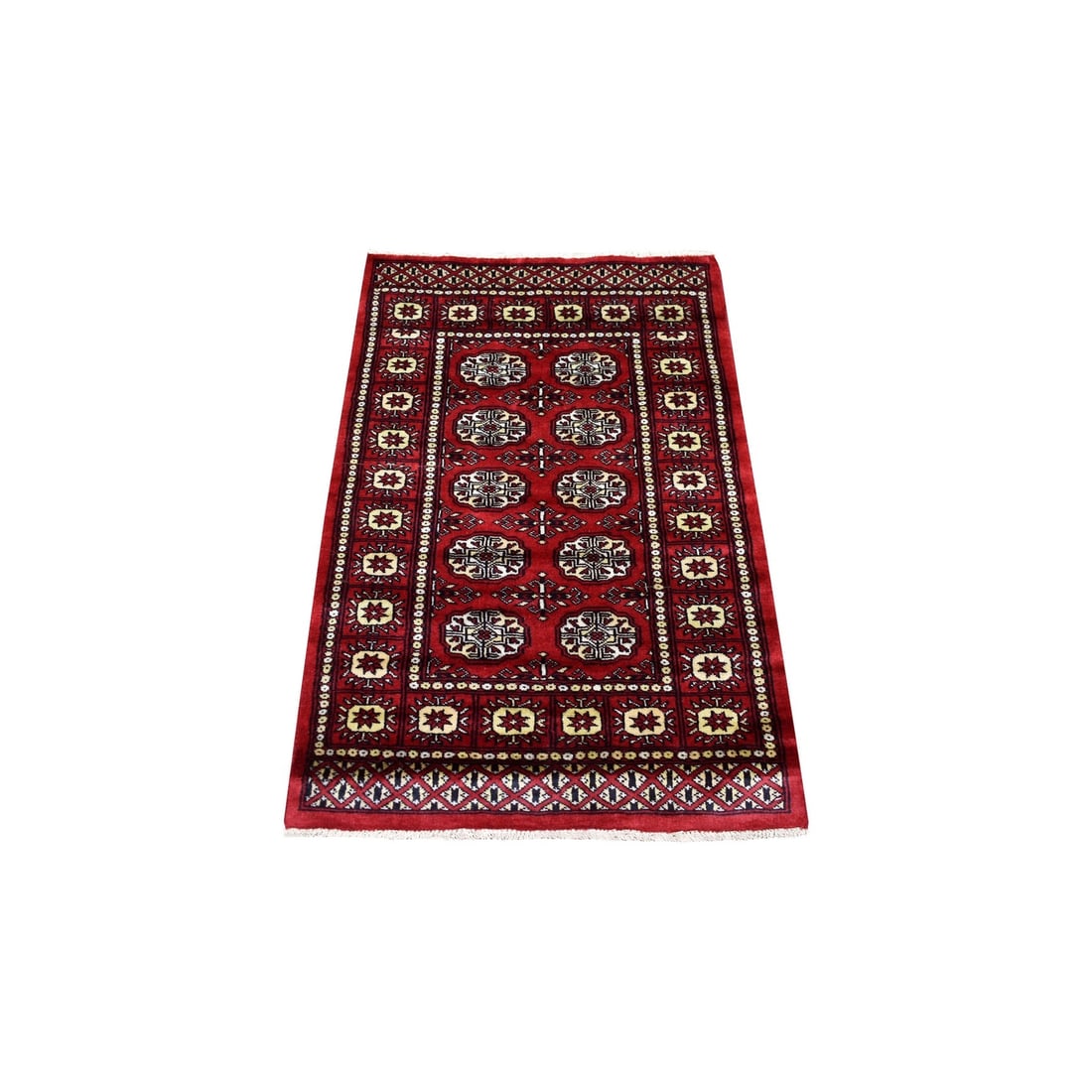 Deep Red Pure Wool Oriental Rug, 2'6"x3'10", Hand Knotted Mori Bokara: Deep Red Pure Wool Oriental Rug, 2'6"x3'10", Hand Knotted Mori Bokara Experience the rich beauty of traditional Afghan craftsmanship with this stunning Deep Red Pure Wool Oriental Rug, hand-knotted in