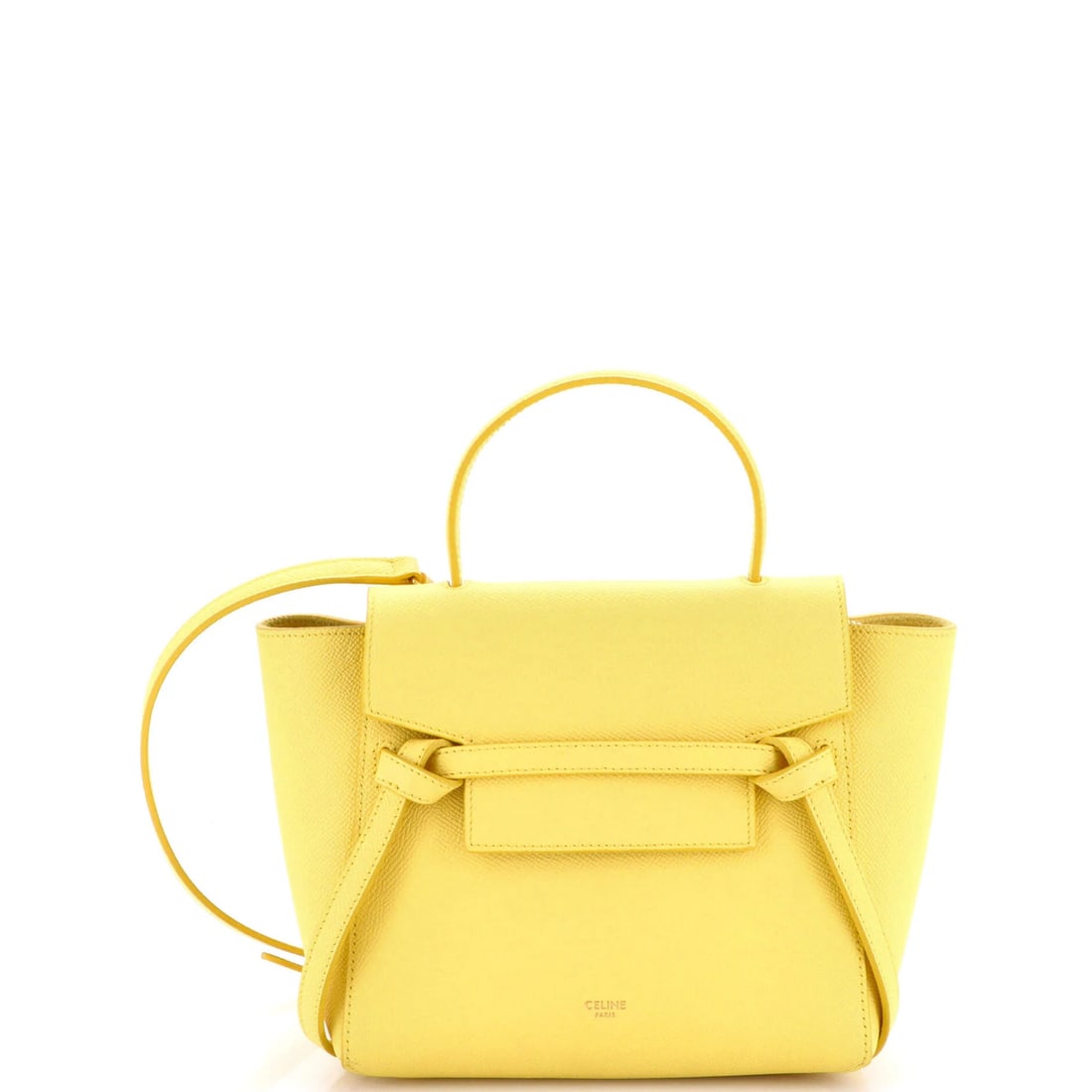Celine Nano Textured Leather Belt Bag: Celine Nano Textured Leather Belt Bag Elevate your style with the Celine Nano Textured Leather Belt Bag, boasting sleek yellow leather exterior and suede interior. Its unique textured finish adds