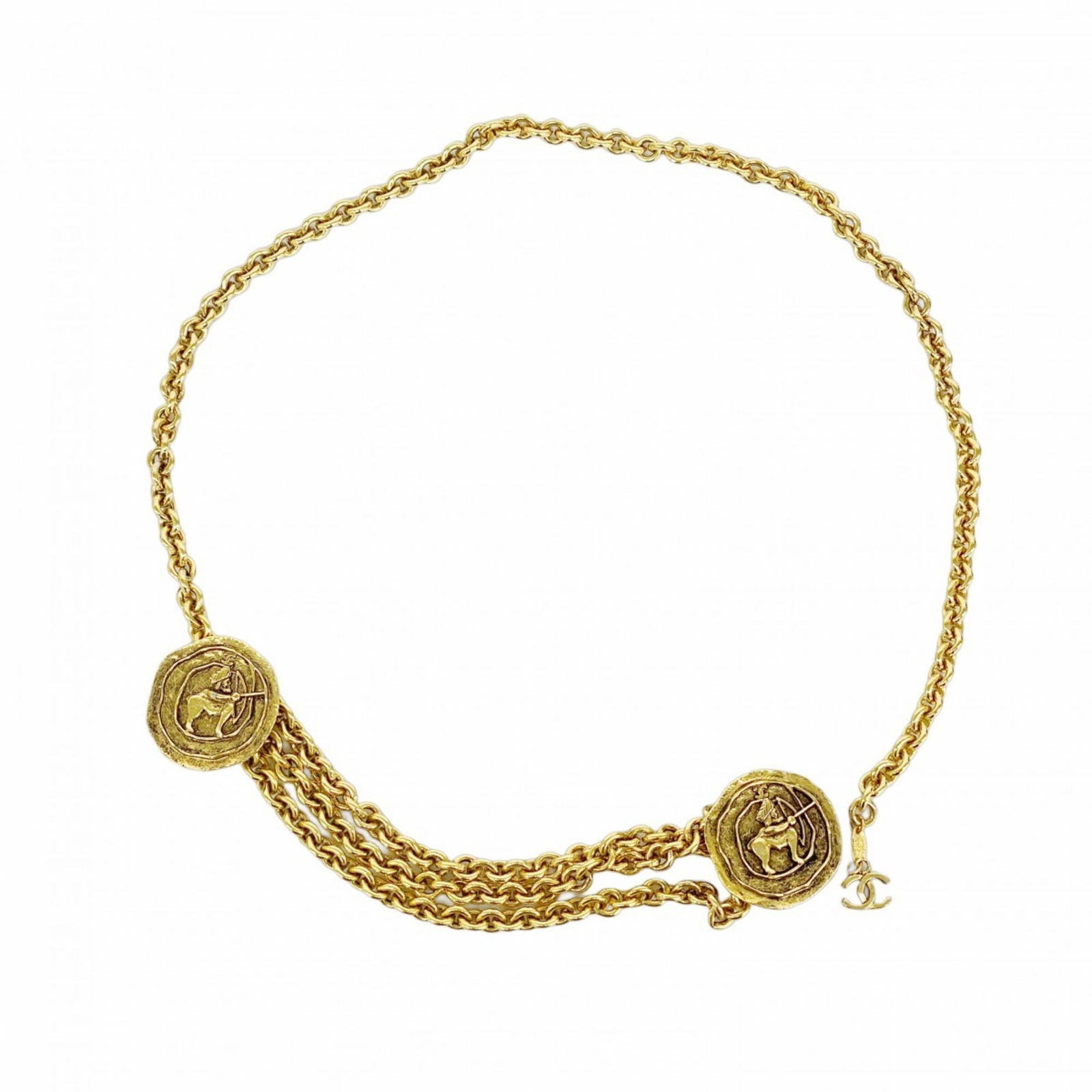 Belt Chanel Chain: Belt Chanel Chain A luxurious gold chain belt from the iconic French fashion house Chanel, adding a touch of sophistication to any outfit. With its 79cm length and classic design, this belt is perfect