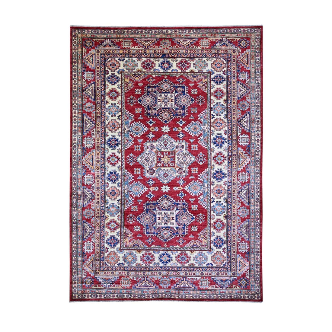 Rug 7'x10' Upsdell Red Hand Knotted Afghan Super Kazak Soft Wool: Rug 7'x10' Upsdell Red Hand Knotted Afghan Super Kazak Soft Wool Experience the rich beauty of Afghan craftsmanship with this stunning 7'x10' Upsdell Red Hand Knotted Super Kazak rug, expertly woven f
