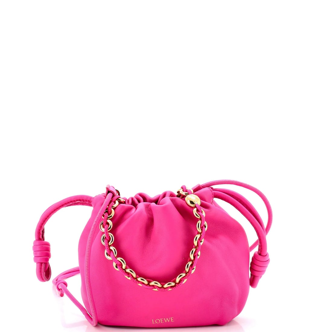 Loewe Mini Leather Purse Bag with Flamenco Knot Chain: Loewe Mini Leather Purse Bag with Flamenco Knot Chain Elevate your style with the iconic Loewe Mini Leather Purse Bag, boasting a chic pink exterior and rich suede interior. The Flamenco Knot Chain ad