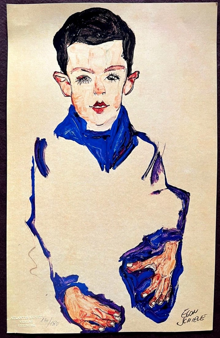 Numbered Egon Schiele Lithograph C.O.A.: Numbered Egon Schiele Lithograph C.O.A. A rare and striking lithograph by Egon Schiele, "Portrait of boyfriend", is up for auction. Printed in 1978 by Atlantis Verlag, this chromolithography features