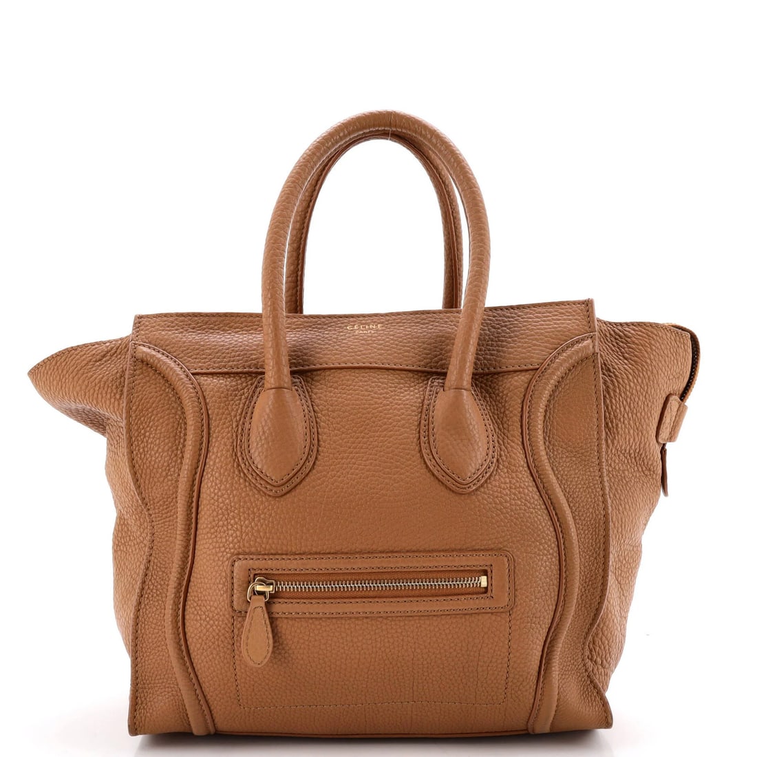 Celine Mini Grainy Leather Luggage Bag: Celine Mini Grainy Leather Luggage Bag "Elevate your travel style with the Celine Mini Grainy Leather Luggage Bag, boasting a chic brown exterior and neutral interior that exudes effortless sophistica