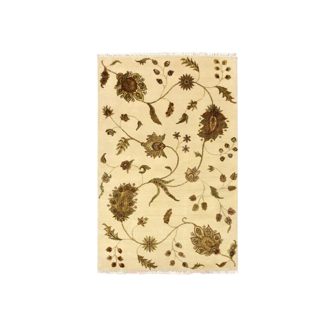Rug 4'x6' Parchment White Botanical Design Wool and Silk Hand Knotted: Rug 4'x6' Parchment White Botanical Design Wool and Silk Hand Knotted Experience the timeless elegance of India's rich cultural heritage with this exquisite 4'x6' hand-knotted wool and silk rug,