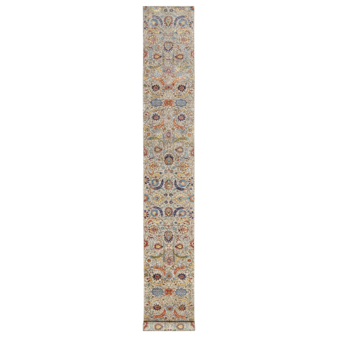 Rug 2'7"x20'2" Cornsilk White Silk & Wool Sickle Leaf Design Hand Knotted: Rug 2'7"x20'2" Cornsilk White Silk & Wool Sickle Leaf Design Hand Knotted Experience the timeless beauty of Indian craftsmanship with this stunning 20'2" x 2'7" hand-knotted rug, expertly woven in a