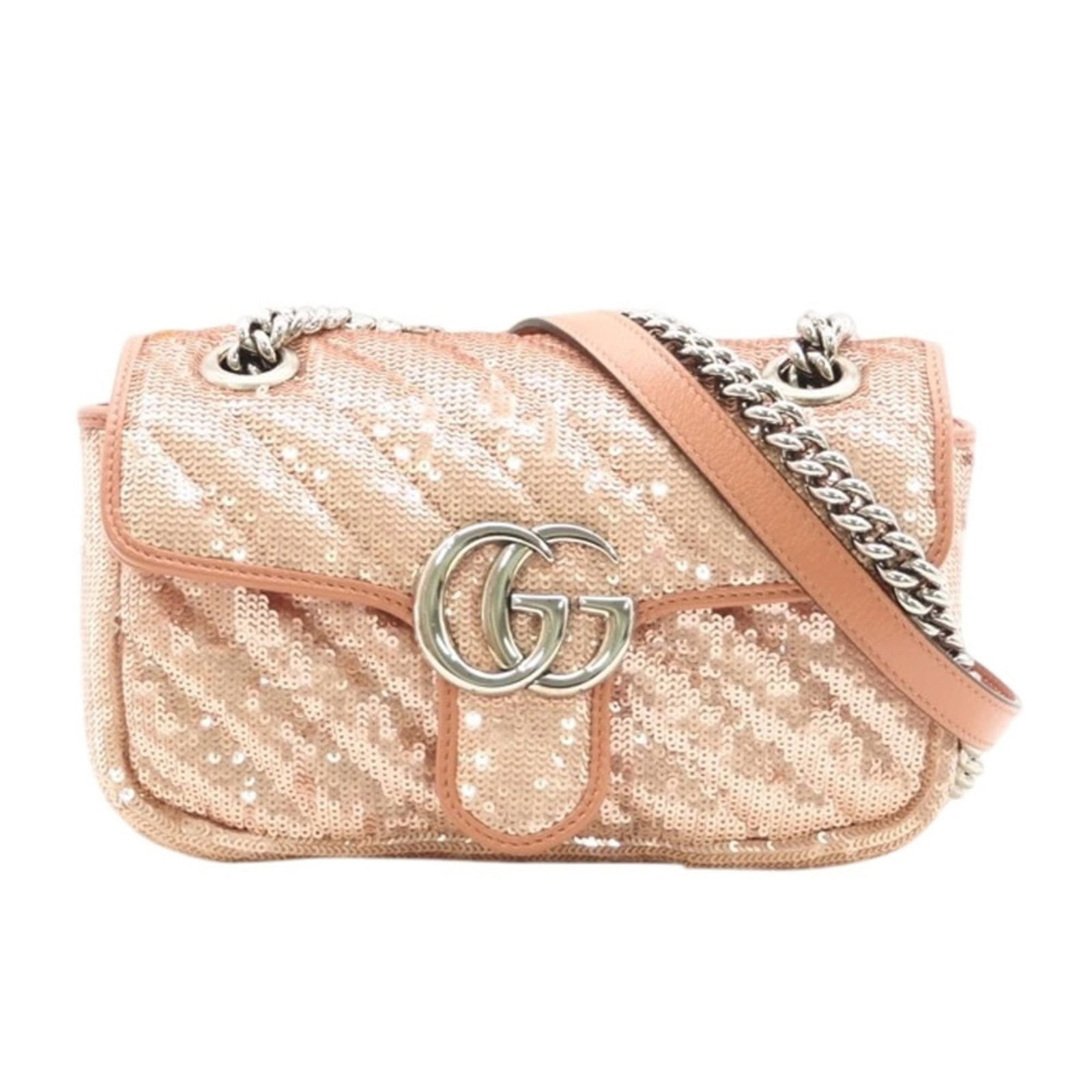 Spangles - Gucci Shoulder Bag Leather: Spangles - Gucci Shoulder Bag Leather Add some sparkle to your wardrobe with this stunning Gucci shoulder bag, adorned with eye-catching spangles in a vibrant pink hue. Made from high-quality