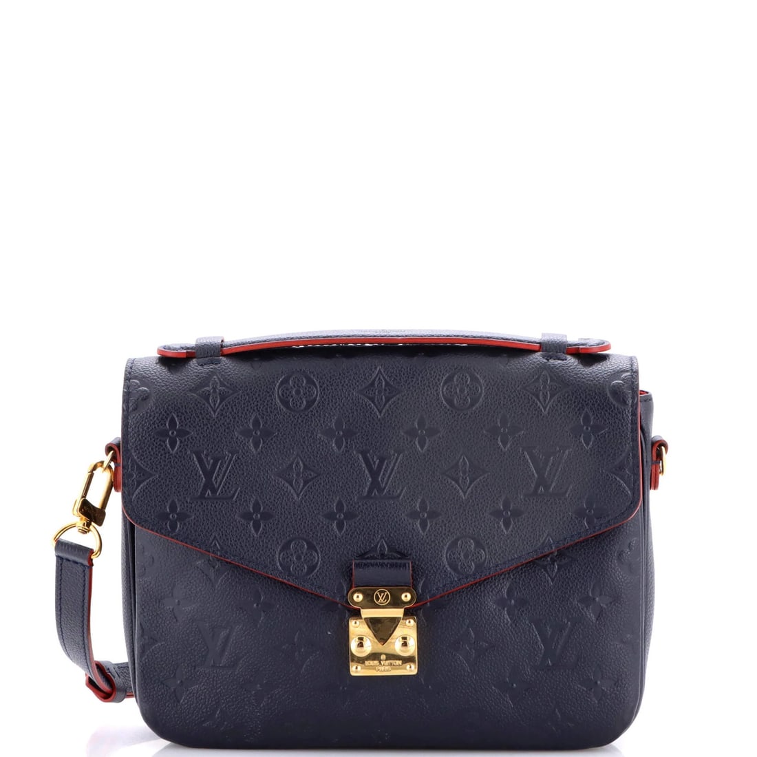 Leather Louis Vuitton Pochette Metis Monogram Empreinte: Leather Louis Vuitton Pochette Metis Monogram Empreinte A stunning Louis Vuitton Pochette Metis Monogram Empreinte bag, boasting the iconic interlocking LV monogram in rich blue leather, adds a touch