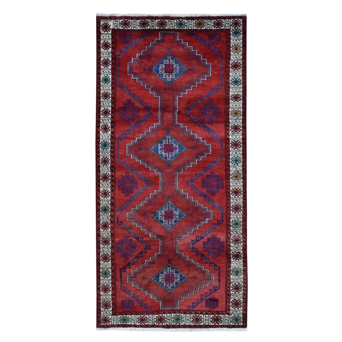 Vintage Red Zoroastrian Khamadan Wool Hand-Knotted Runner Rug (3'8"x7'9"): Vintage Red Zoroastrian Khamadan Wool Hand-Knotted Runner Rug (3'8"x7'9") Experience the rich history and cultural heritage of Turkey with this stunning vintage Red Zoroastrian Khamadan Wool
