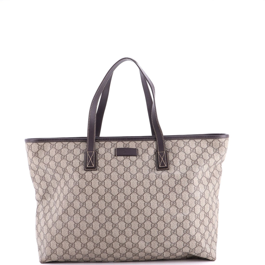 Gucci Large GG Coated Canvas Tote with Leather: Gucci Large GG Coated Canvas Tote with Leather Experience the iconic Gucci style with this large GG Coated Canvas Tote, boasting a sturdy canvas exterior and luxurious leather accents in rich brown
