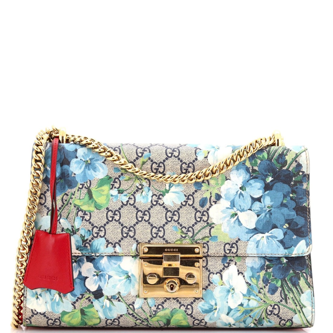 Medium Gucci Padlock Shoulder Bag Blooms Print GG Coated Canvas: Medium Gucci Padlock Shoulder Bag Blooms Print GG Coated Canvas Elevate your everyday style with the iconic Gucci Padlock Shoulder Bag, boasting a vibrant blooms print on canvas-coated canvas and