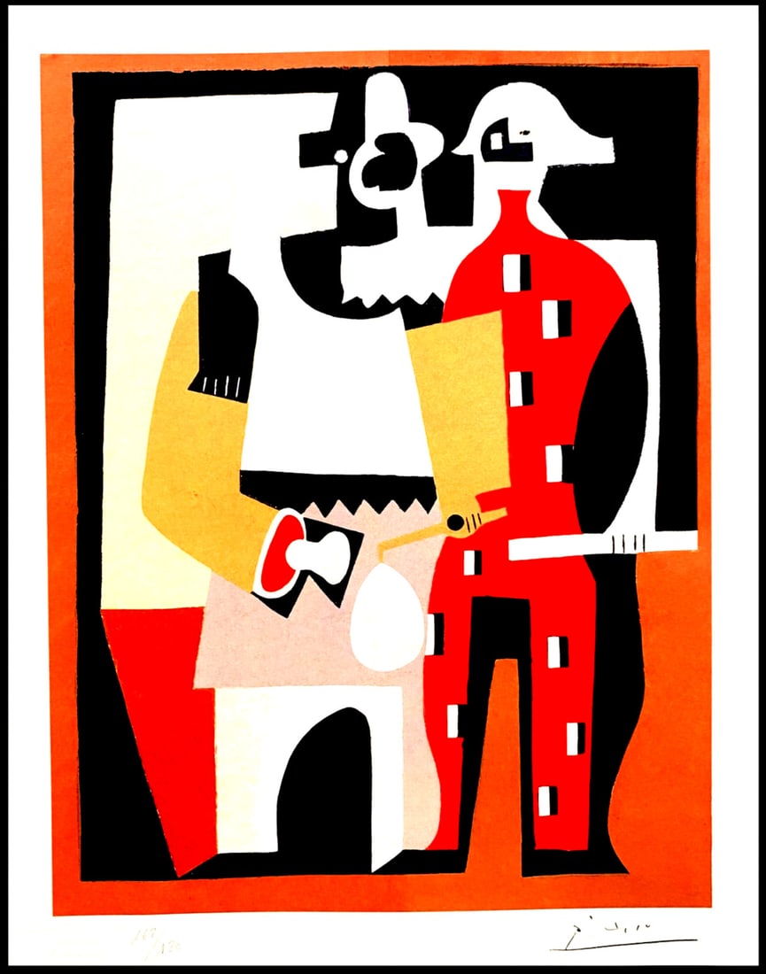 Lithograph Pablo Picasso: Lithograph Pablo Picasso A rare and striking lithograph by Pablo Picasso, 'Pierrot and Harlequin' is a full sheet printed chromolithography from 1978, showcasing the artist's unique style in vibrant c