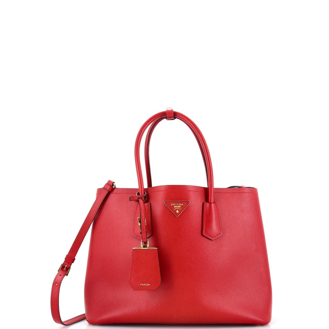 Prada Cuir Double Tote in Saffiano Leather - Large: Prada Cuir Double Tote in Saffiano Leather - Large The Prada Cuir Double Tote in Saffiano Leather is a timeless and sophisticated accessory that exudes luxury. With its iconic red exterior, spacious