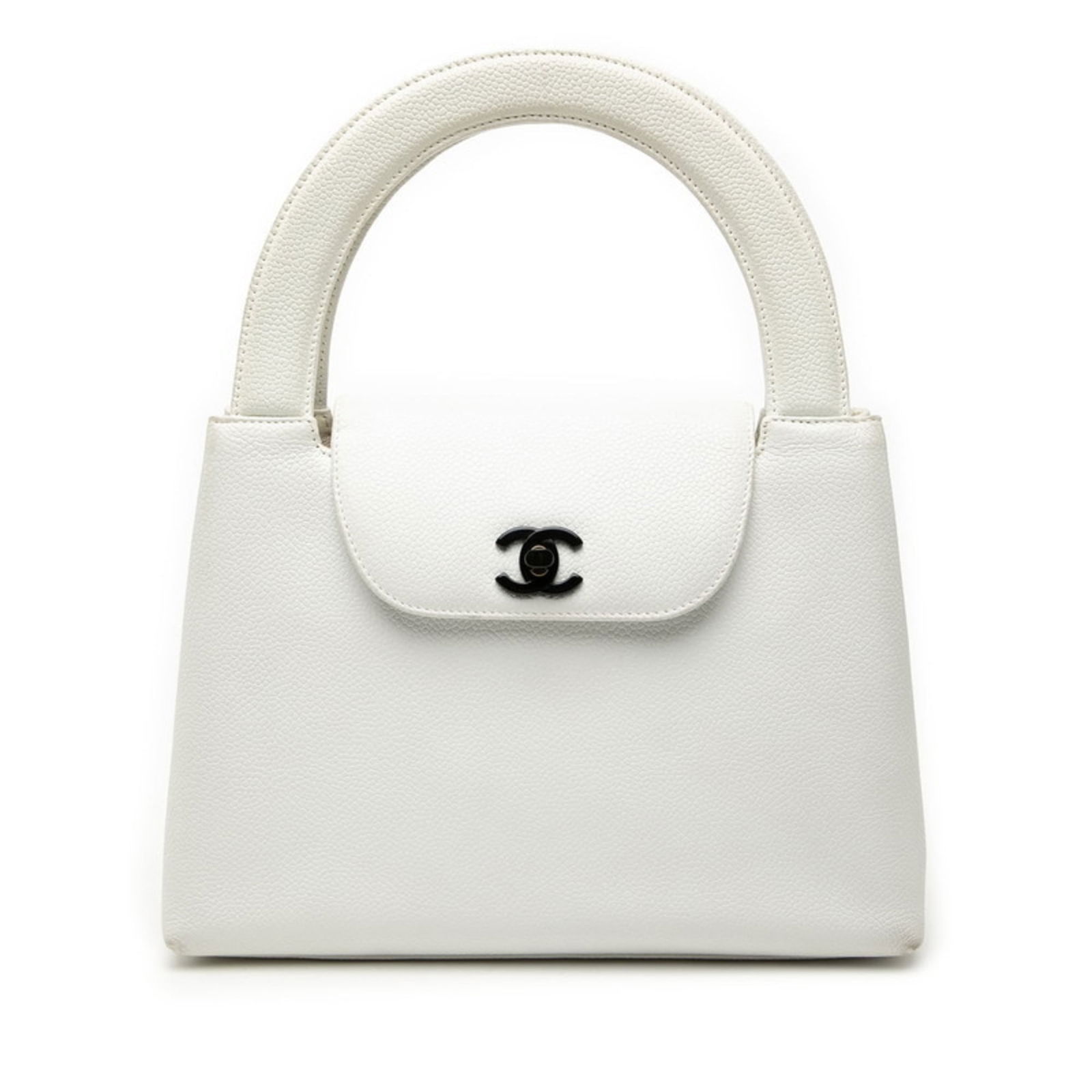 Leather Chanel Handbag: Leather Chanel Handbag A pristine white leather Chanel handbag, boasting the iconic interlocking CC clasp and timeless design, is up for grabs in excellent used condition. With its classic size and