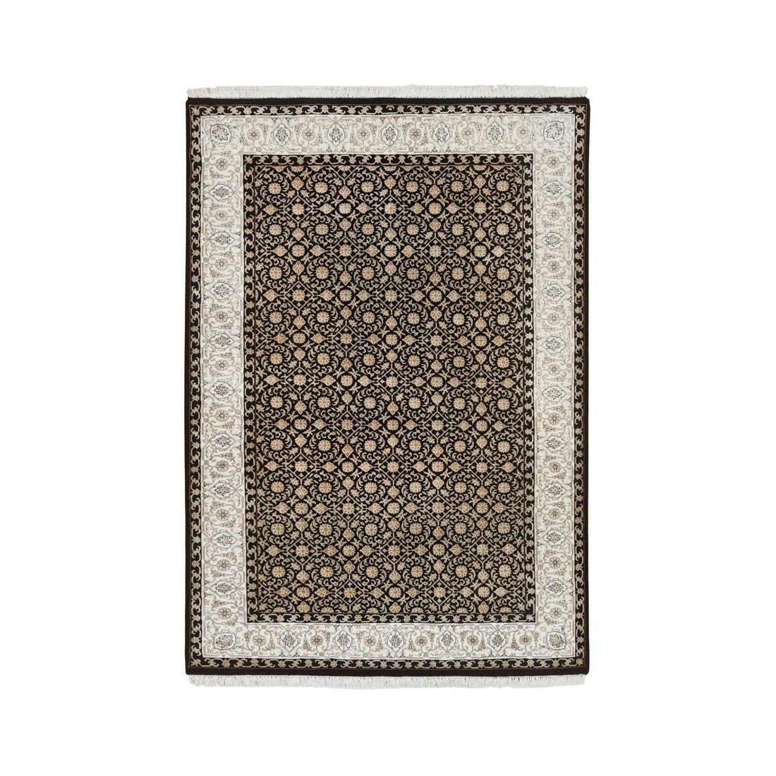 Rug 4'1"x6' Eerie Black Hand Knotted Herrita Design 250 KPSI 100% Wool: Rug 4'1"x6' Eerie Black Hand Knotted Herrita Design 250 KPSI 100% Wool Experience the rich beauty of India with this stunning hand-knotted Herrita design rug, expertly crafted from 100% wool and