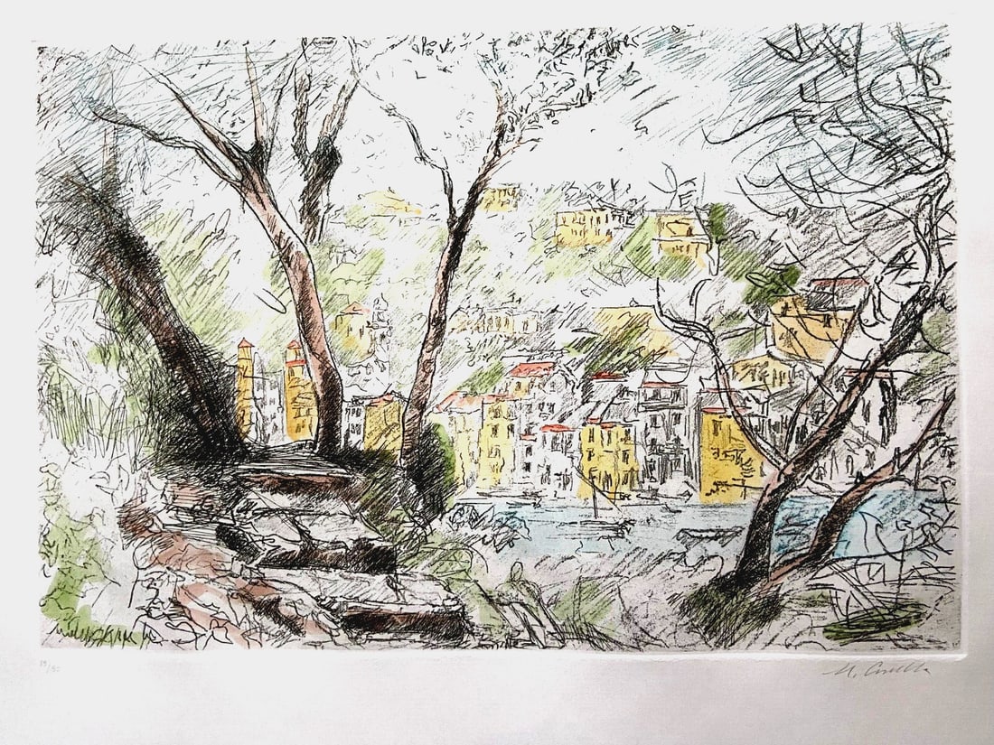 Watercolor MICHELE CASCELLA "Portofino" Engraving: Watercolor MICHELE CASCELLA "Portofino" Engraving A stunning Italian watercolor engraving by MICHELE CASCELLA, titled "Walk on Portofino", measures 50 x 70 cm and boasts vibrant colors. This