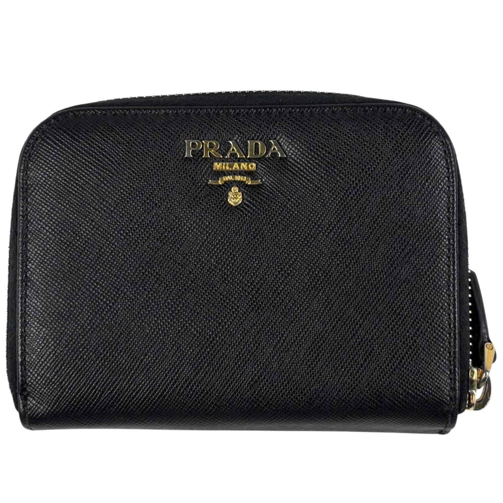 Prada Bi-Fold Saffiano Leather Wallet: Prada Bi-Fold Saffiano Leather Wallet A sleek and sophisticated accessory for the modern woman, this Prada bi-fold wallet boasts premium Saffiano leather construction and a classic design that exudes