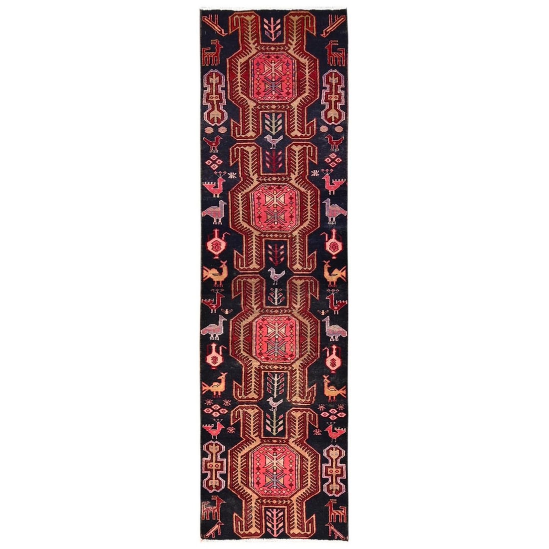 Black Vintage Zoroastrian Birds Wool Hand-Knotted Runner (2'5"x8'10"): Black Vintage Zoroastrian Birds Wool Hand-Knotted Runner (2'5"x8'10") Experience the rich cultural heritage of Turkey with this stunning Black Vintage Zoroastrian Birds Wool Hand-Knotted Runner, handw