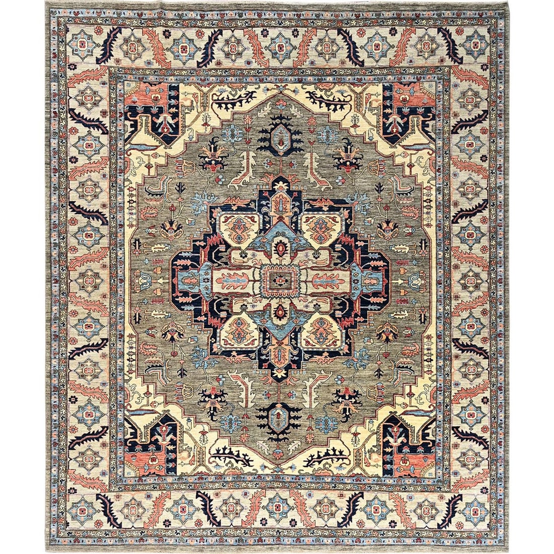 Rug 12'4"x14'4" Dune Brown Seeripe Heris Design Soft Wool Hand Knotted: Rug 12'4"x14'4" Dune Brown Seeripe Heris Design Soft Wool Hand Knotted Experience the rich beauty of traditional Afghan craftsmanship in this stunning Dune Brown Heris design rug, hand-knotted from so