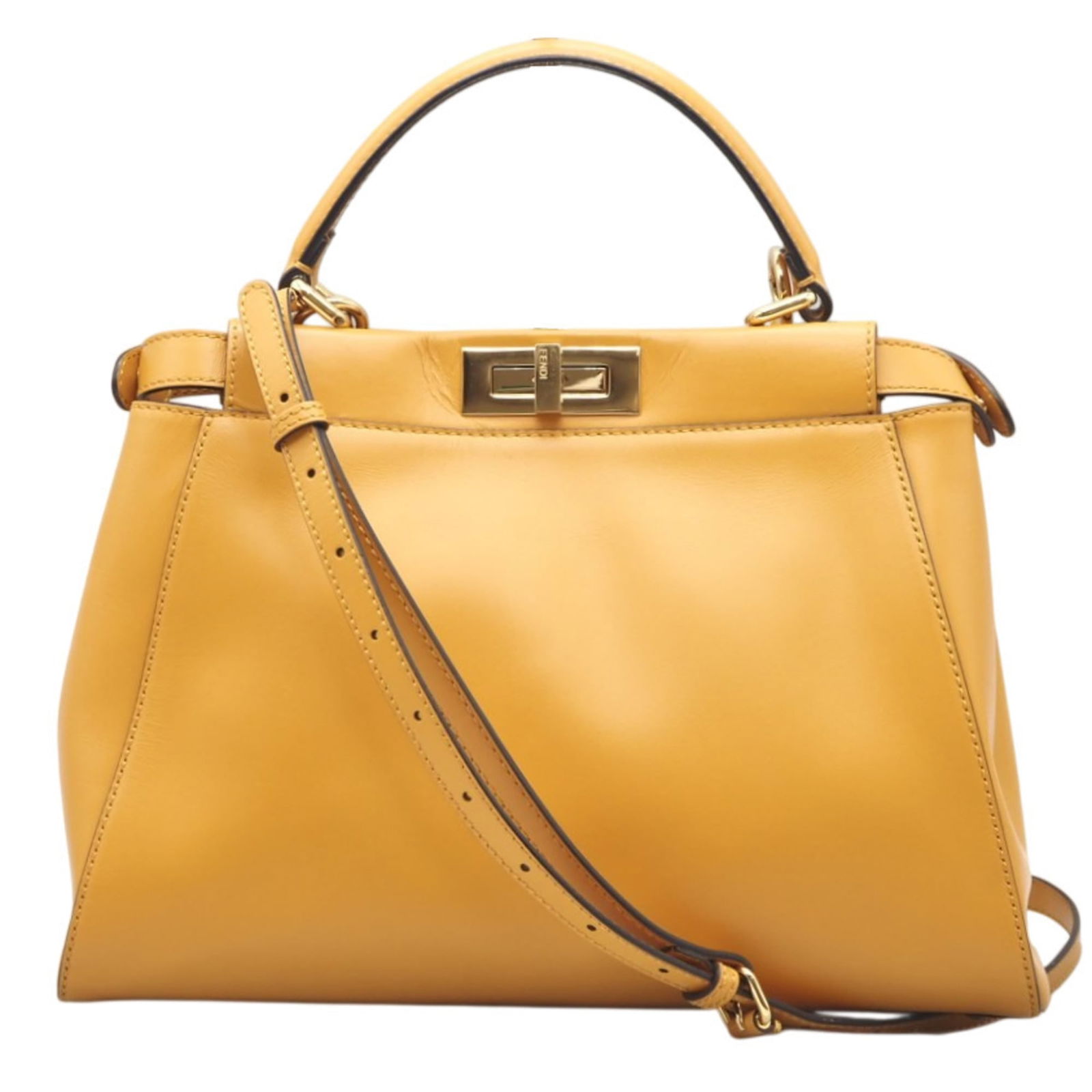 Leather Fendi Handbag: Leather Fendi Handbag A stunning Fendi leather handbag in vibrant yellow, boasting classic design and luxurious feel. With its spacious interior and sleek silhouette, this iconic bag is perfect for