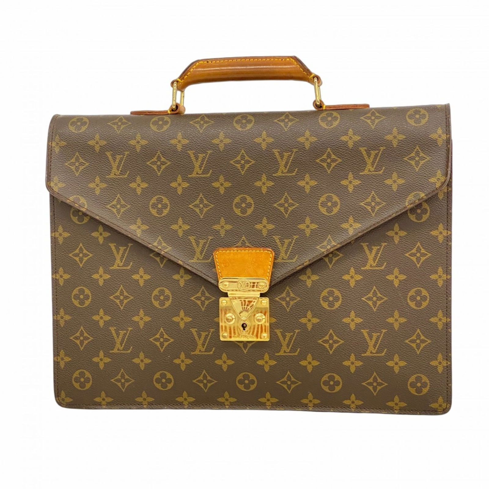 Briefcase Louis Vuitton: Briefcase Louis Vuitton A pre-owned Louis Vuitton briefcase in rich brown leather, boasting the iconic monogram pattern and timeless design that exudes sophistication and elegance. With its classic