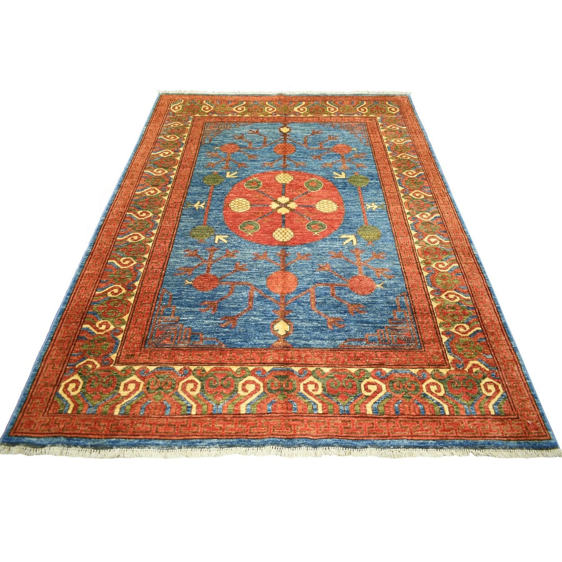 Rug 5'9"x7'10" Blue Turkeman Ersari with Khotan Design Soft Wool Oriental: Rug 5'9"x7'10" Blue Turkeman Ersari with Khotan Design Soft Wool Oriental Experience the rich cultural heritage of Afghanistan with this stunning Blue Turkeman Ersari rug, hand-knotted from soft wool