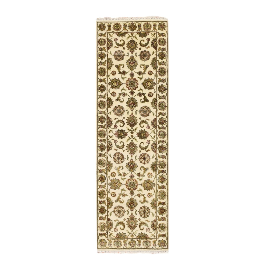 Rug 2'7"x8'3" White Rajasthan Leaf Design Hand Knotted Wool & Silk Runner: Rug 2'7"x8'3" White Rajasthan Leaf Design Hand Knotted Wool & Silk Runner Experience the rich beauty of Indian craftsmanship with this stunning White Rajasthan Leaf Design Hand Knotted Wool & Silk Run
