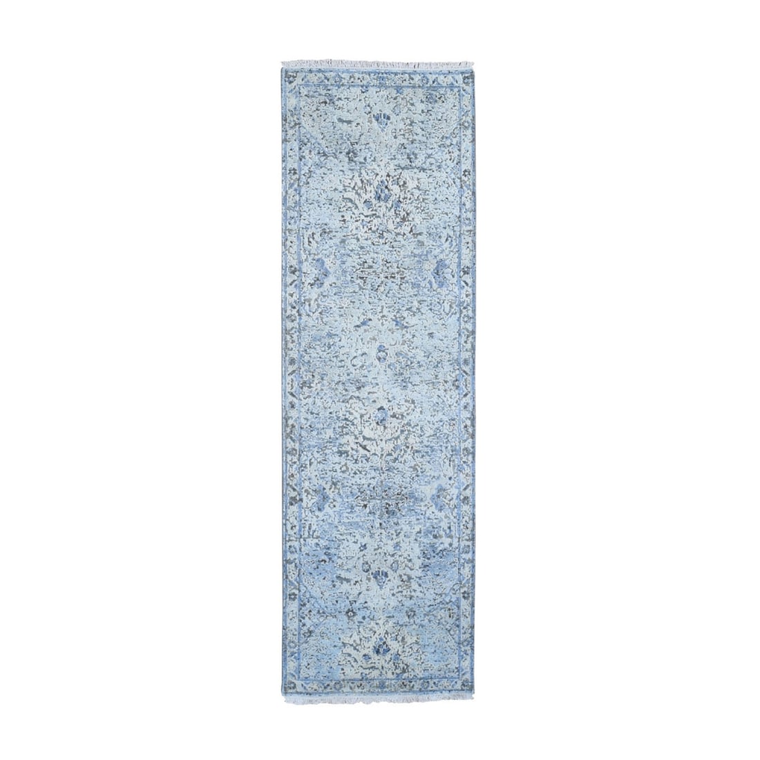 Rug 2'6"x8' Distressed Oushak Silk with Textured Wool Runner Hand Knotted: Rug 2'6"x8' Distressed Oushak Silk with Textured Wool Runner Hand Knotted Experience the rich beauty of India's ancient craftsmanship in this stunning 2'6"x8' Distressed Oushak Silk with Textured Wool