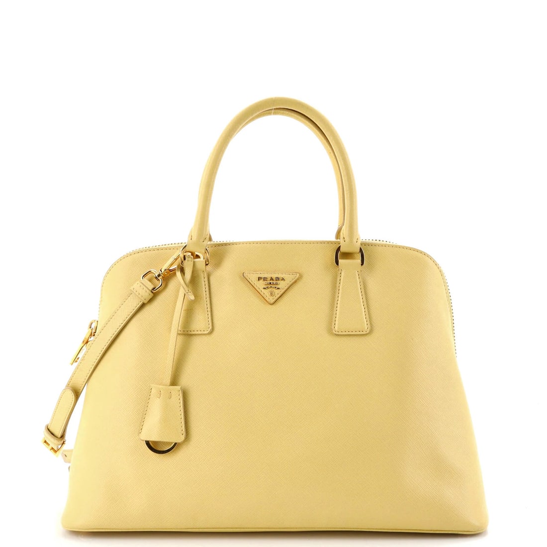 Prada Saffiano Leather Medium Promenade Bag: Prada Saffiano Leather Medium Promenade Bag A vibrant yellow Prada Saffiano Leather Medium Promenade Bag adds a pop of color to any outfit, thanks to its bright exterior and sleek design. With its