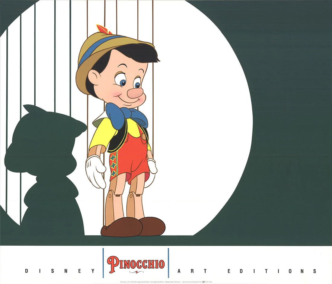 Contemporary WALT DISNEY Pinocchio 23.75" x 27.5" Offset Lithograph 1993: Contemporary WALT DISNEY Pinocchio 23.75" x 27.5" Offset Lithograph 1993 Experience the timeless charm of Walt Disney's iconic Pinocchio, beautifully rendered in an offset lithograph print from 1993.
