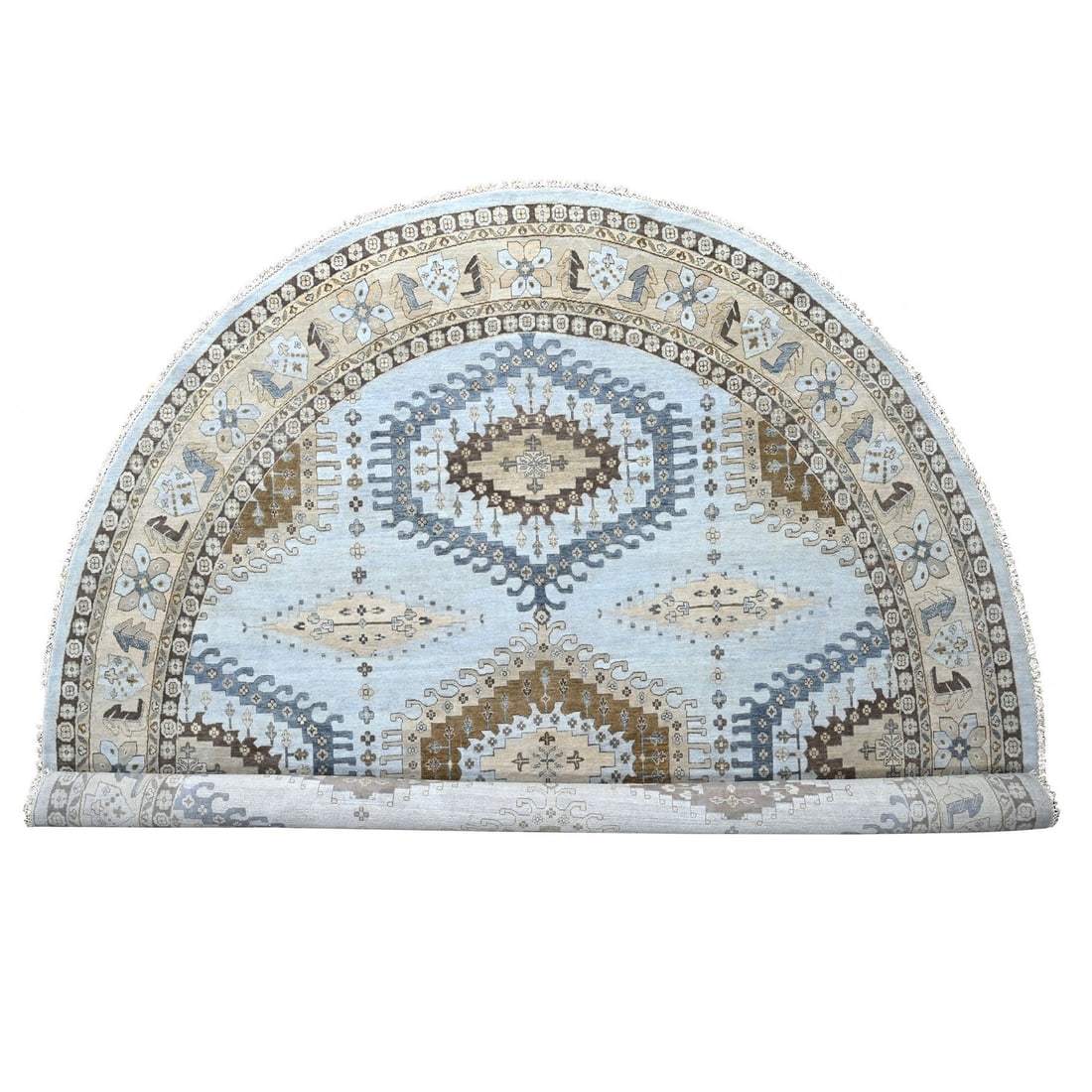 Rug 13'10"x13'10" Gray Hand Knotted Zoroastrian Village Pure Wool Round: Rug 13'10"x13'10" Gray Hand Knotted Zoroastrian Village Pure Wool Round Experience the rich cultural heritage of India in this stunning 13'10"x13'10" gray hand-knotted wool rug, featuring an